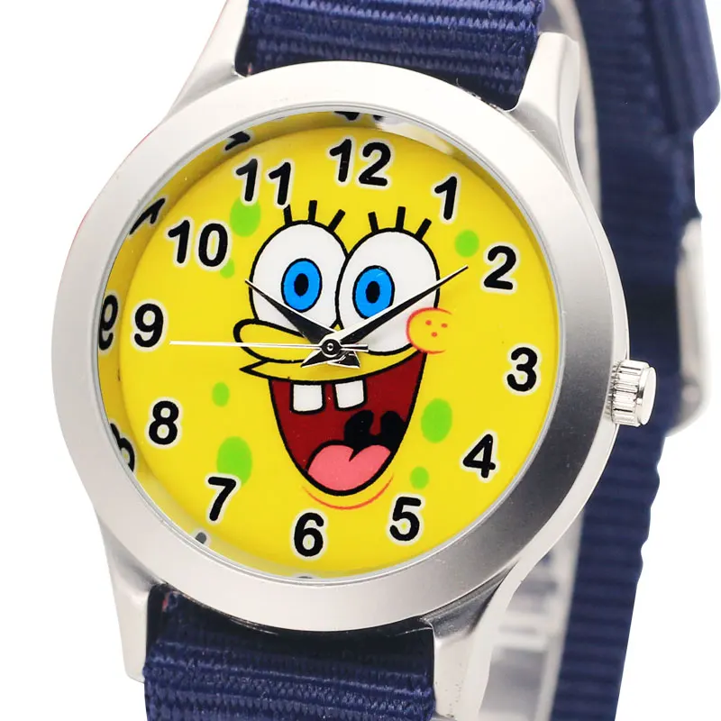 Брезентовый ремешок, модные милые детские часы в стиле ponge Bob, детские Студенческие часы для девочек и мальчиков, кварцевые наручные часы с нейлоновым ремешком