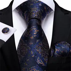 Качественный мужской галстук темно-синего цвета с узором пейсли, Свадебный галстук для мужчин, запонки, подарочный набор галстуков, новый