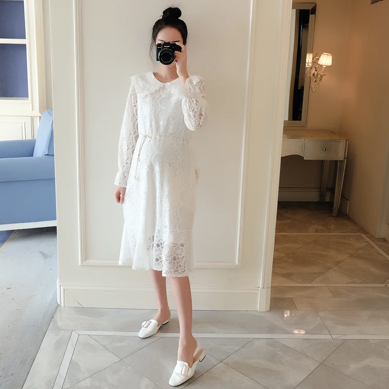 Белый 9855# весеннее Новое корейское модное кружевное длинное платье для беременных с завязками на талии элегантное вечернее платье для беременных женщин приталенное платье для беременных - Цвет: Белый