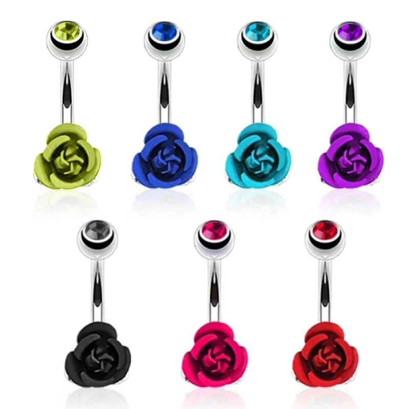 Stainless Steel Flower Rose Piercing Belly Button Ring Barbell Body