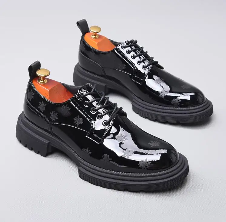 men winter shoes Leather spider gravure round toe Zipper tip men patent leather Derby shoes tide shoes fashion Thick-sole men