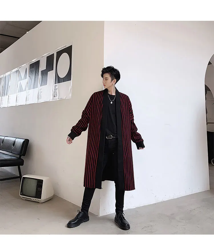 Мужской Свободный Повседневный длинный кардиган в полоску, Тренч, мужская Японская уличная куртка в стиле хип-хоп, ветровка, верхняя одежда, пальто