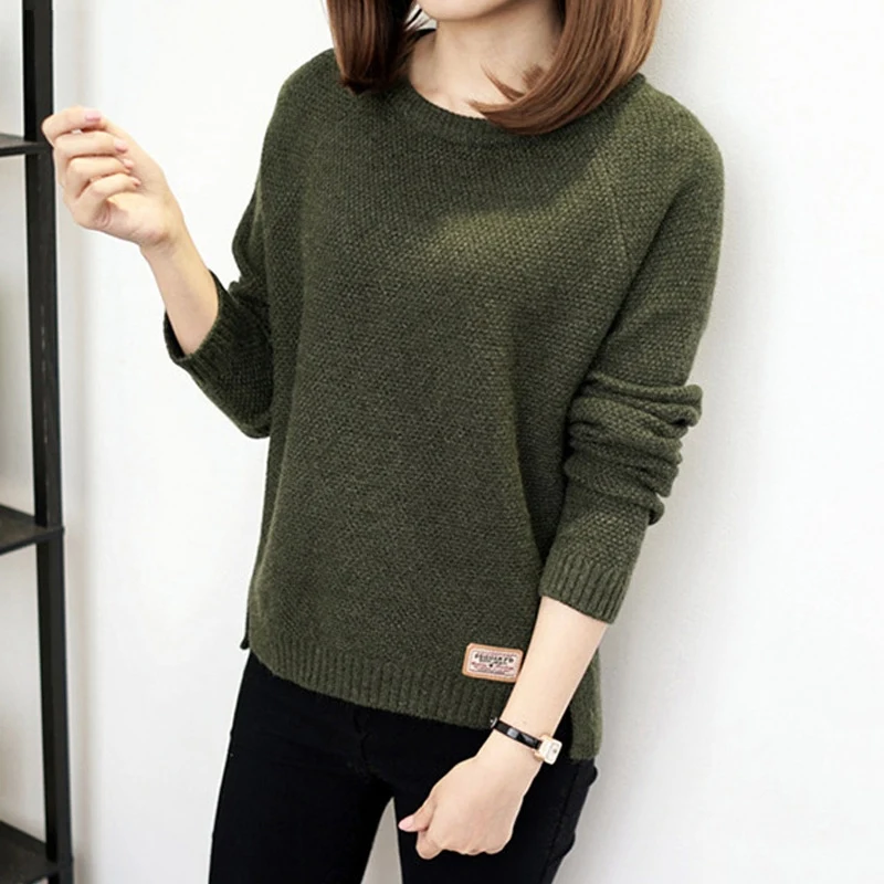 

Simple Solid Color Knit Women Sweater Casual Autumn 2019 New Long-sleeved Round Neck Sweater Loose Style Knit Bottoming Tops