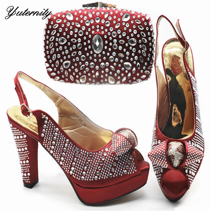 

2019 New Coming Elegant High Heels Shoes And Bag Set Italian Style Rhinestone Woman Shoes And Bag For Wedding Summer Pump Shoes
