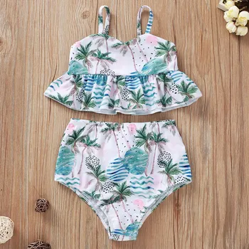 

Girl child summer suspenders tropical rainforest coconut flower print swimsuit set купальник слитный