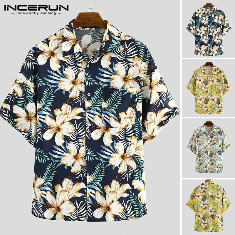 

INCERUN 2020 Fashion Men Hawaiian Shirt Short Sleeve Floral Print Chic Lapel Loose Camisas Hombre Streetwear Beach Casual Shirts