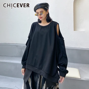 

CHICEVER Casual Off Shoulder T Shirt For Women O Neck Long Sleeve Loose Minimalist Black T Shirts Female 2020 Fashion New Style