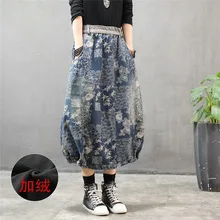 Плюс бархатная женская осенняя и зимняя новая эластичная талия утолщенная свободная тонкая джинсовая юбка средней длины