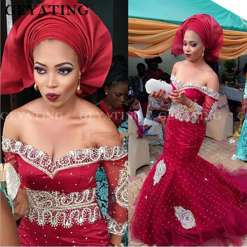 Elegant Bourgondië Off Schouder Mermaid Prom Dresses Lange Mouwen Aso Ebo Plus Size Nigeria Formele Jurk Afrikaanse Avondjurken Elegant Bourgondië Off Schouder Mermaid Prom Dresses Lange Mouwen Aso Ebo Plus Size Nigeria Formele Jurk Afrikaanse Avondjurken