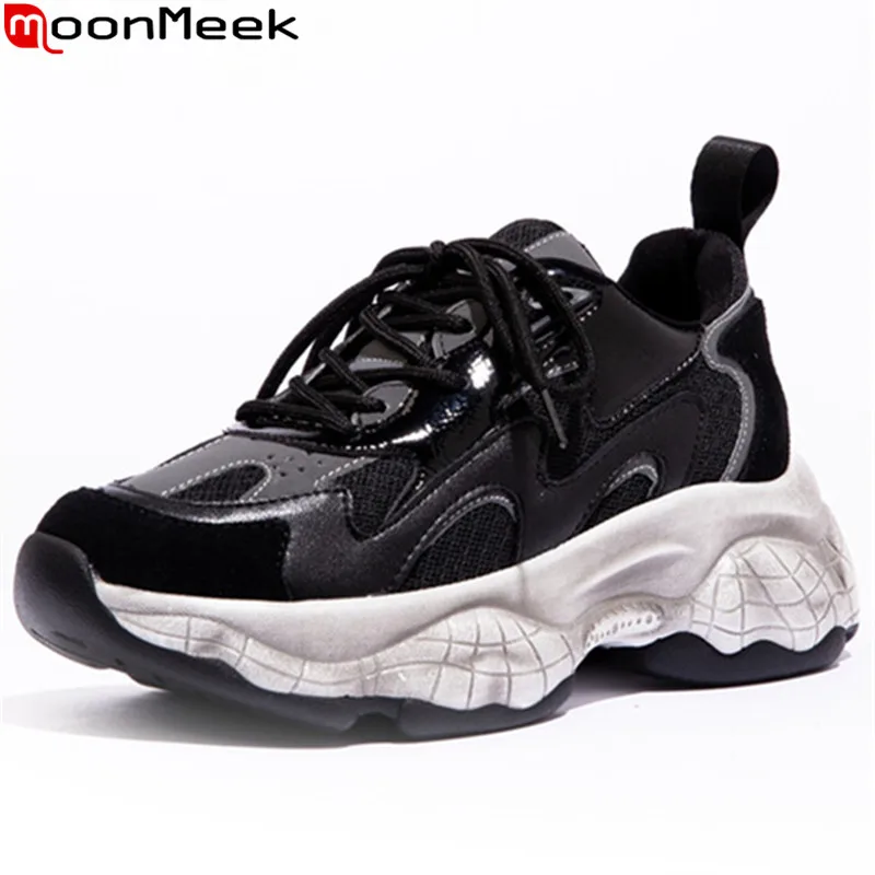 

MoonMeek fashion sneakers flats shoes round toe lace up mesh+cow leather shoes mixed colors flat platform shoes women flats
