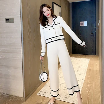 

2020 Spring New Two Piece Set Women Long Sleeve Sweater Ankle Length Wide Leg Pants Fashion Elegant 2 piece Suit Sweater Jacket