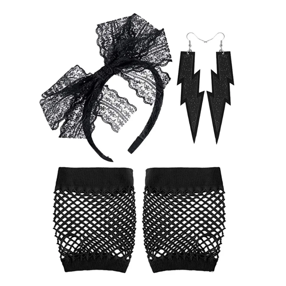 Women Fashion Lace Headband Neon Earrings Fingerless Fishnet Gloves For 80's Party guantes eldiven handschoenen  (4)