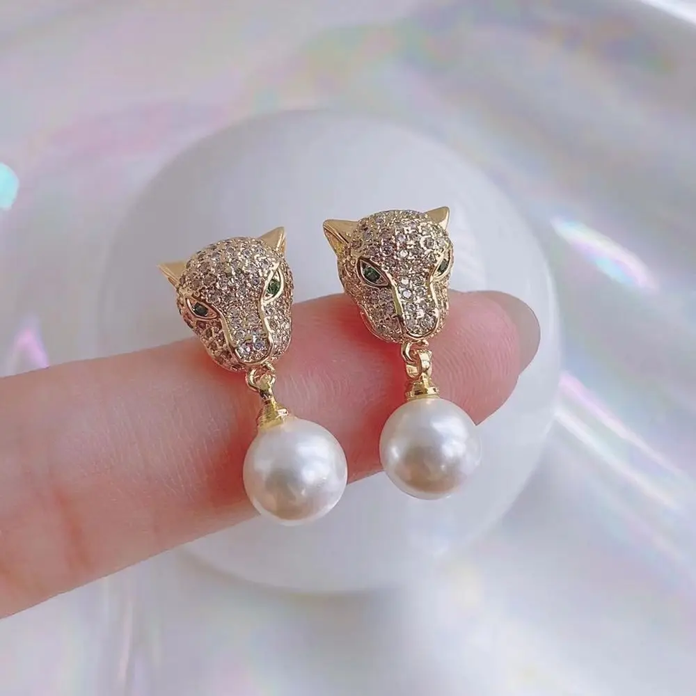 

5Pairs, Trendy New Crystal Zircon Leopard Head Shell Pearl Earrings Gold Plated Unique Animal Jewelry Dangle Earrings
