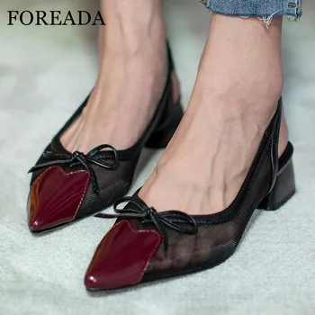 

FOREADA Woman Med Heels Slingbacks Shoes Bow Chunky Heel Pumps Cutouts Pointed Toe Female Footwear Black Apricot Plus Size 33-43