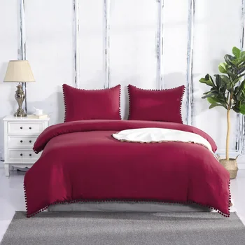 

3 pcs Home bedding set soft washed cotton solid duvet case with fuzzy ball heming and pillowcase set
