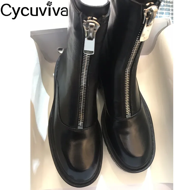 Черные женские ботильоны из натуральной кожи; рыцарские сапоги на плоской платформе; классическая обувь для подиума с круглым носком; женские ботинки на молнии спереди