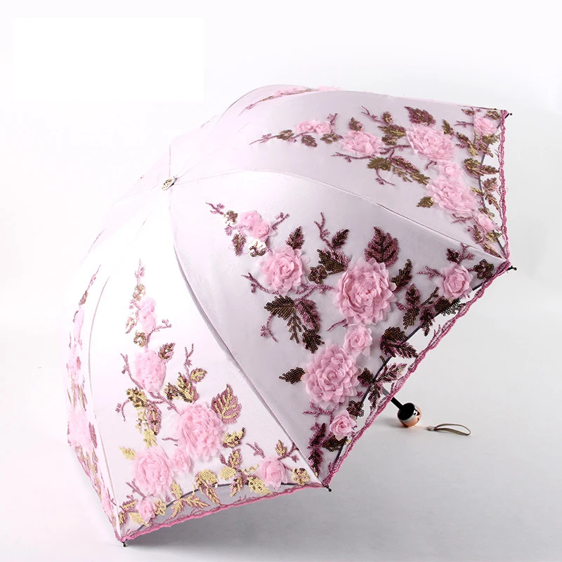 Женский зонтик с цветочной вышивкой и кружевной резной ручкой, Высококачественный Свадебный зонтик с черным покрытием, складной зонтик