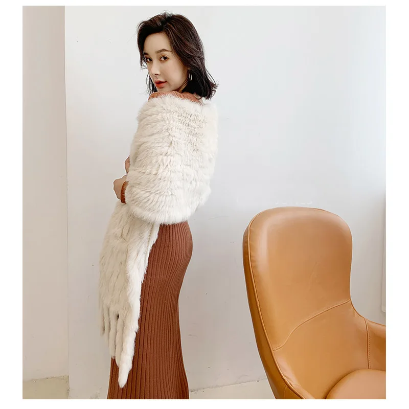 Nature Real Fur Women Knit Natural Rabbit Fur Shawl