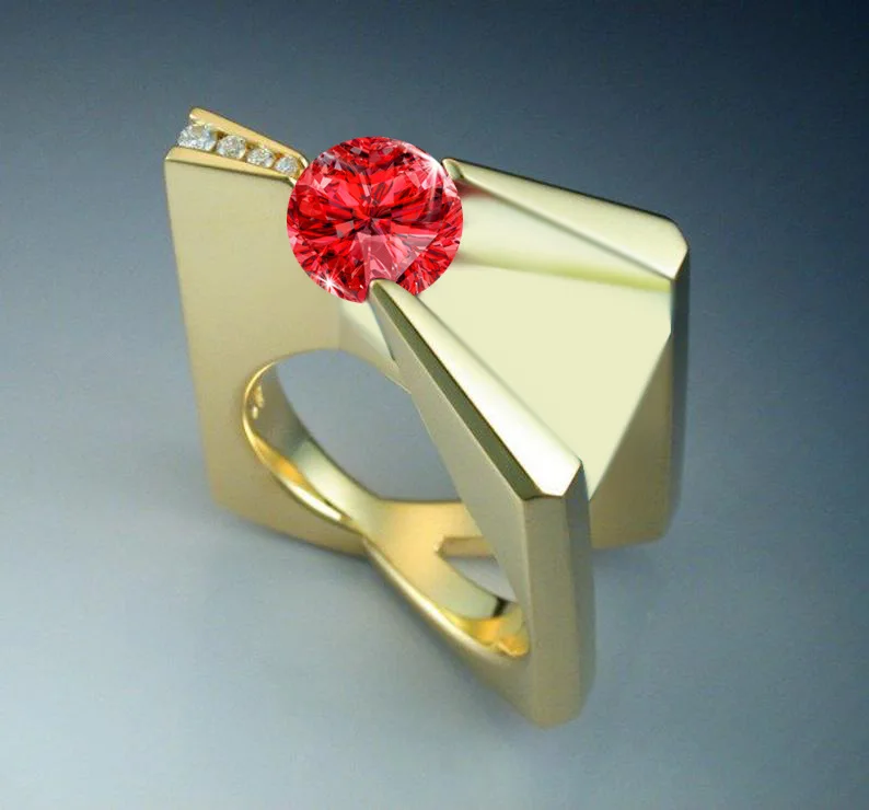 

Square Geometric Double-layer Rings Female Golden Delicate Red Rhinestone Filled Rings For Women Party Gift