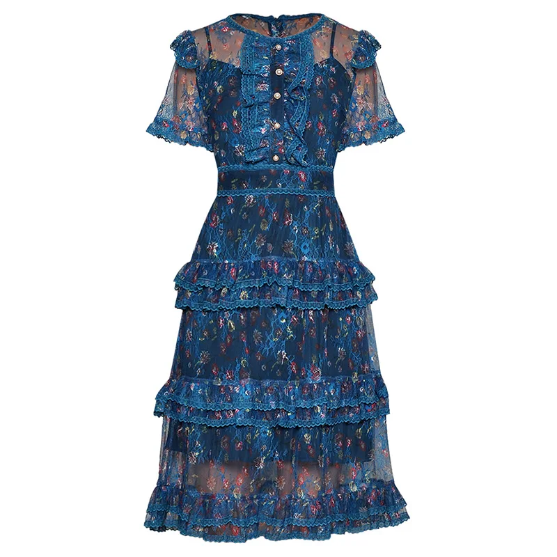 

round neck short sleeves buttons bib scalloped frill trims multi-layer knee length blue / pink floral lace beach dress big sale