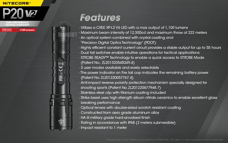Pronto ao ar Livre à Prova P20v2 + 18650 Bateria + Nth20 Nitecore Coldre Lúmen Tático Led Lanterna Estroboscópio Dedágua Edc Tocha 2022 1100 4 nth20 coldre 1100 lúmen tático led lanterna