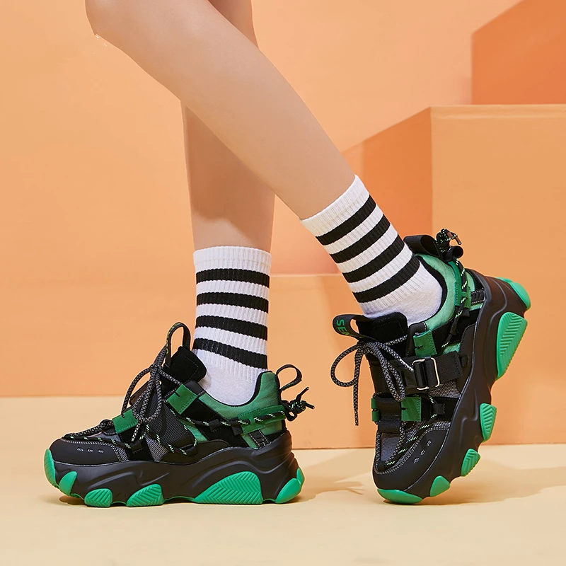 Skup RASMEUP prawdziwej skóry siatki kobiet Chunky Sneakers 2019 moda marka styl kobiety platformy buty tenisówki na co dzień pani obuwie