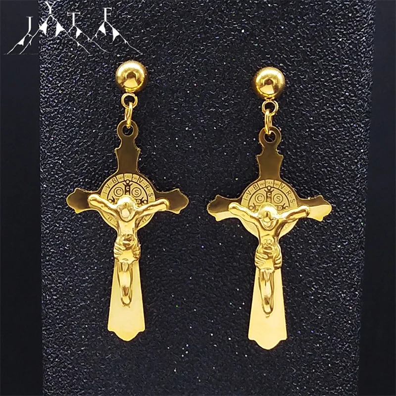 Stainless Steel Religion Christian Cross Jesus Stud Earrings For Women Gold Color Earings