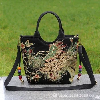 

2019 New Package National Wind Embroidery Bag Canvas Peacock Embroidery Middle-aged One-shoulder Hand-held Oblique Span Bag