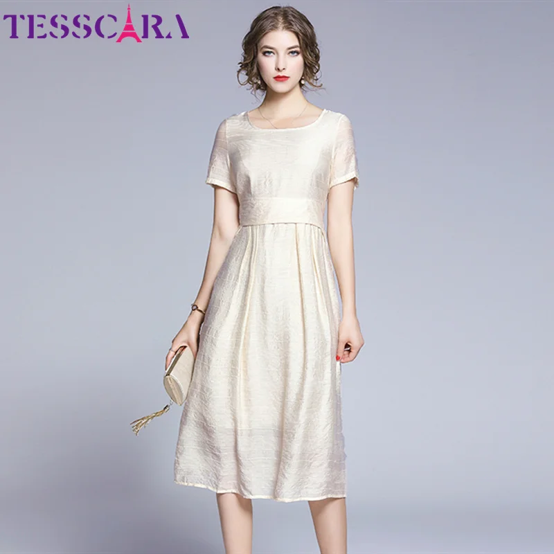 TESSCARA женское летнее элегантное платье женское высококачественное повседневное хлопковое и льняное платье Femme дизайнерское женское свободное платье - Цвет: Ivory