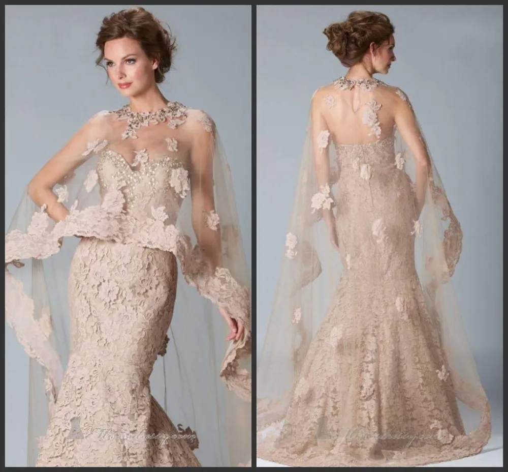 

Mermaid lace Evening with tippet 2018 New Prom crystal beading Formal Gown Free Shipping appliques mother of the bride dresses