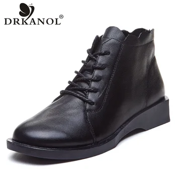 

DRKANOL British Style Women Boots 2020 Flats Ankle Boots Women Winter Warm Shoes Genuine Leather Non-slip Casual Leather Boots