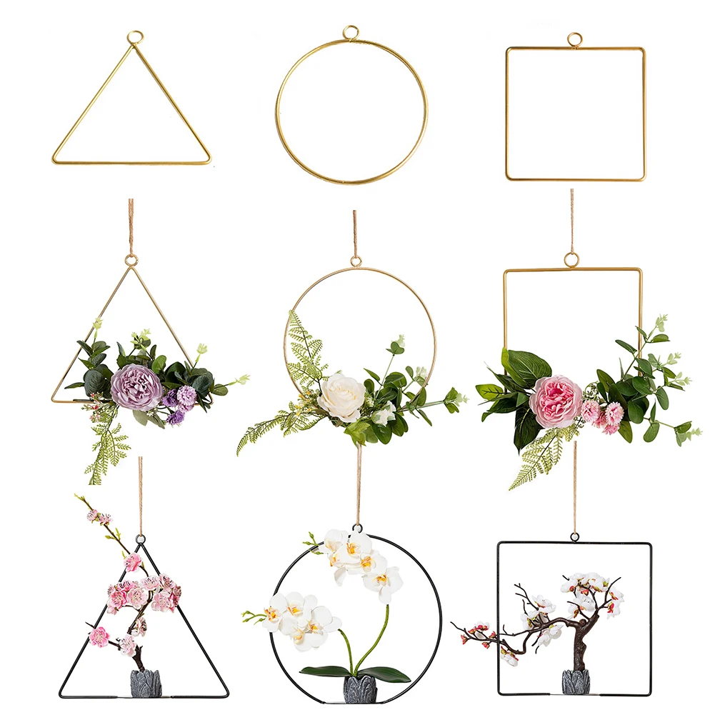 Geometric Metal Wire Wreath Hoop Frame Artificial Flower Garland Wall Hanging Decorations Wedding Party Backdrop