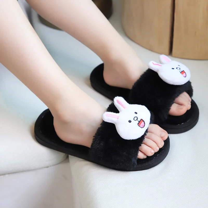 Black Children Fur Indoor Slippers Shoes Kids Winter Girls Cartoon Rabbit Home Slippers Baby Non-Slip Cartoon Cute Plush Warm Shoes - Цвет: Black
