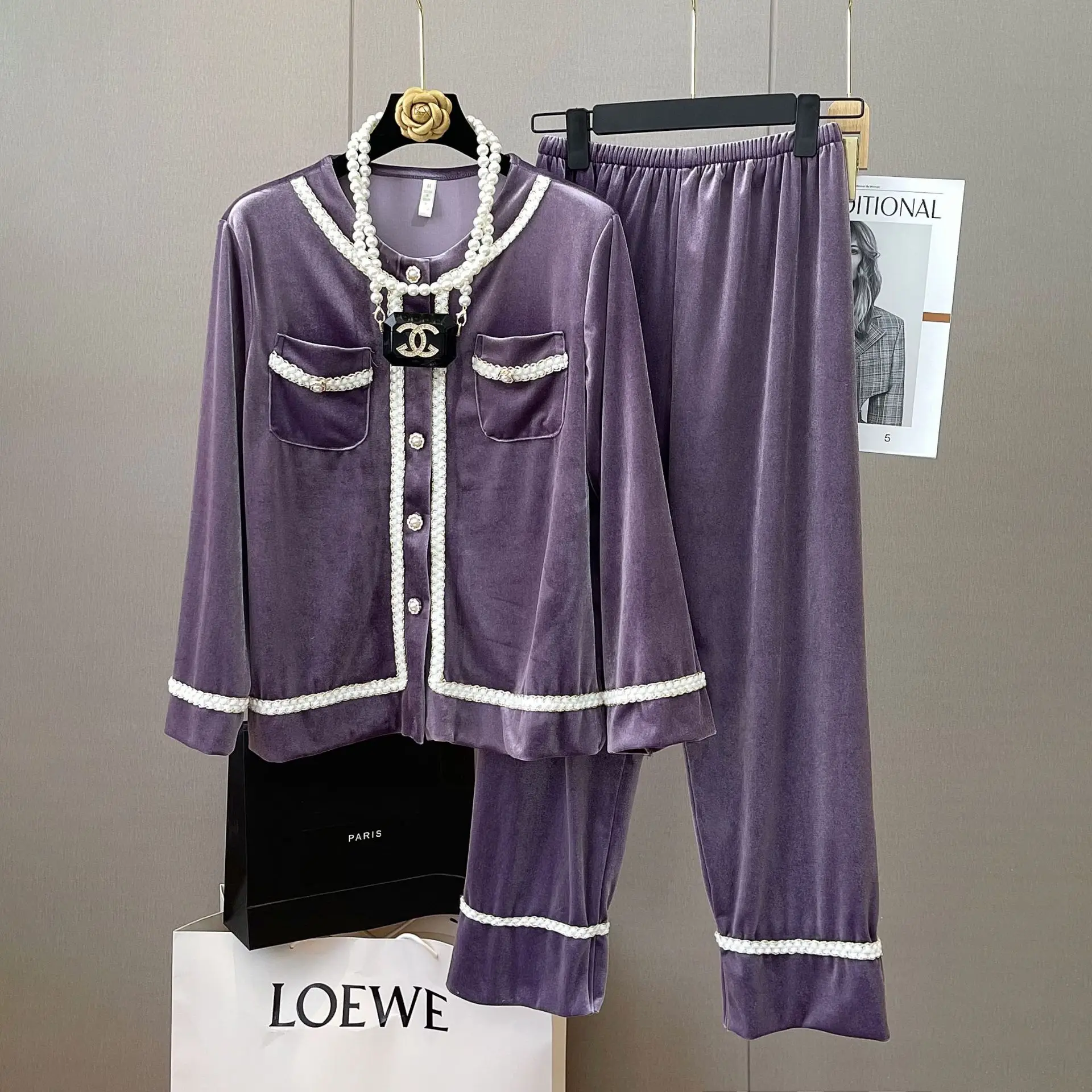 

Комплект для сна, Женская домашняя одежда, велюровая мягкая одежда для сна, домашняя одежда, осенняя новая бархатная Пижама, повседневный Пижамный костюм из 2 предметов