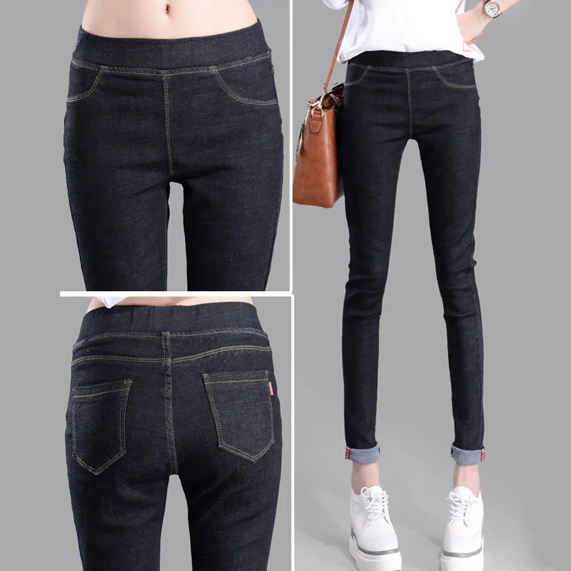 Харадзюку Высокая улица карандаш брюки для женщин Корейский синий деним Femme плюс размер джинсы Высокая талия низ эластичный пояс - Цвет: Black