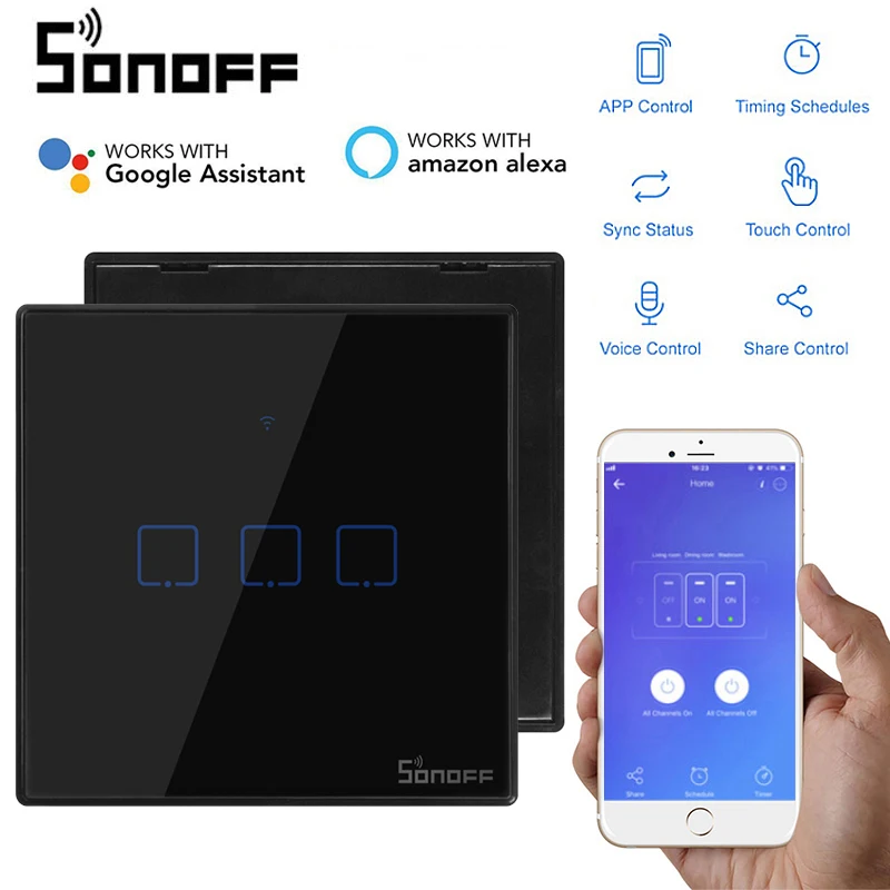 Интеллектуальный выключатель света SONOFF T3 устройство системы умного дома: Дистанционно управляемая по Wi-переключатели 1/2/3C-TX банды разделить на переключатель совместим с eWelink ALexa Google Home