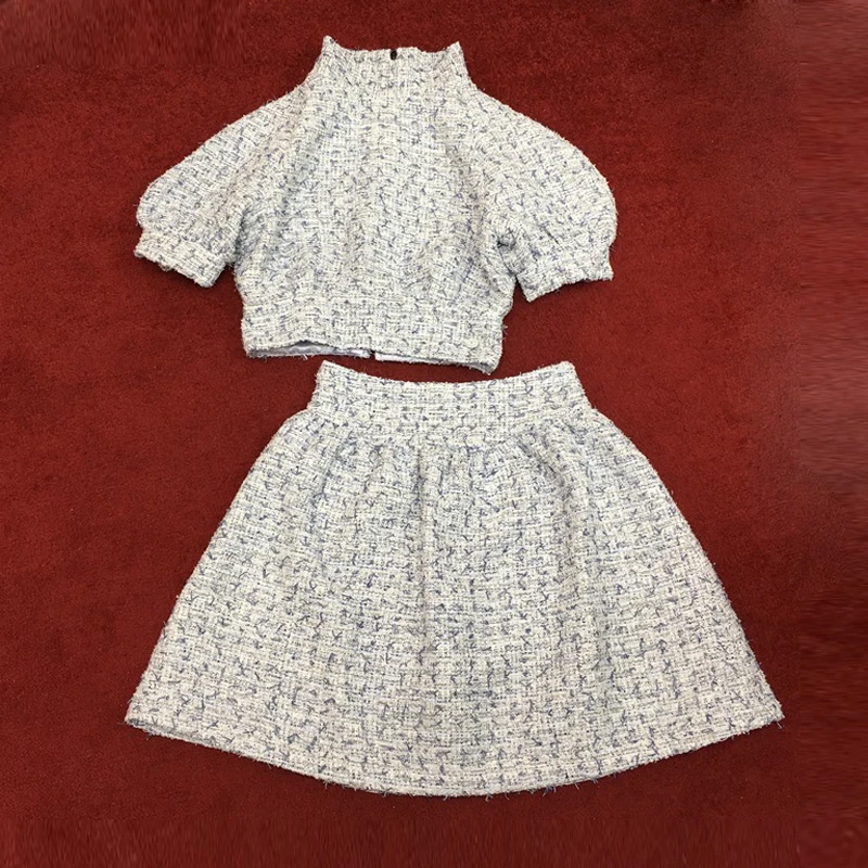 

Red RoosaRosee Designer Runway Women Two Piece Tweed Set Puff Sleeve Turtle-neck Short Jacket + High Waist Mini Skirt Suit Lady