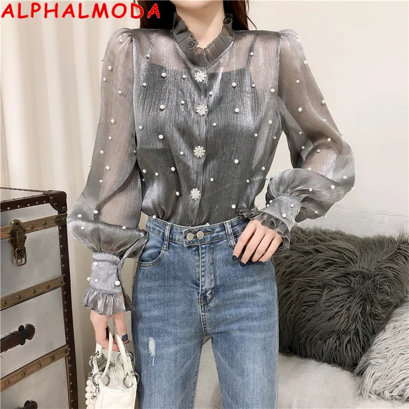 ALPHALMODA Осень-зима 2019 женская шифоновая рубашка с кристаллами пуговицами и