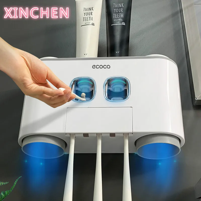 

Auto Toothpaste Dispenser Toothbrush Holder Set With 4 Cup For Bathroom Accessories Home Wall Mount Toothpaste Squeezer