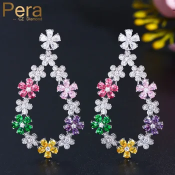 

Pera Multicolor Purple Red CZ Crystal Big Hanging Flower Long Drop Wedding Earrings for Brides Costume Jewelry Accessories E441