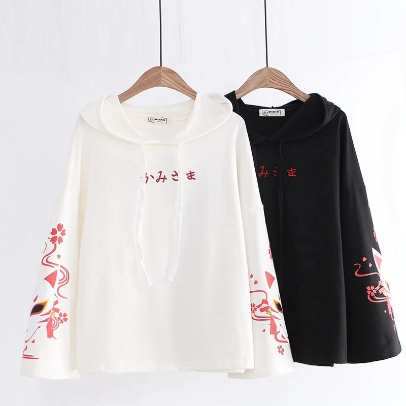  Harajuku Cartoon Fox Hoodies Japan Style Women Pullover Hooded Sweatshirts