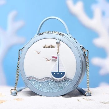 

ASDS-Just Star Ladies Bag Leather Patchwork Embroidery Tote Shoulder Bag Messenger Bag Handbag Style Handmade Cartoon Sailboat B