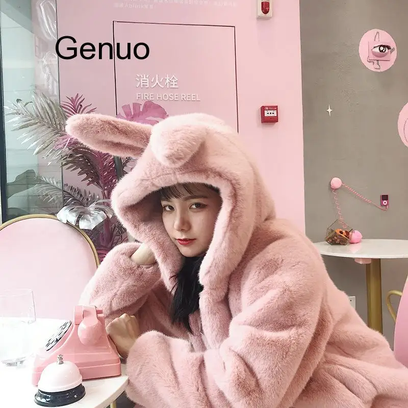 Sweet Women Coat Autumn Winter Cute Hooded Rabbit Ears Fluffy Coat Female Imitation Fur Thick Coat Furry Thick Warm Fur Kawaii