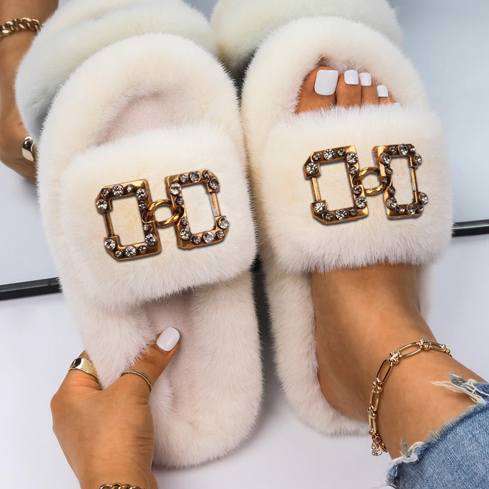 Furry Slippers Women Luxury Square Buckle Faux Fur Slides Fluffy Flip Flops Platform Fashion Slippers Fur Sandals Female Shoes