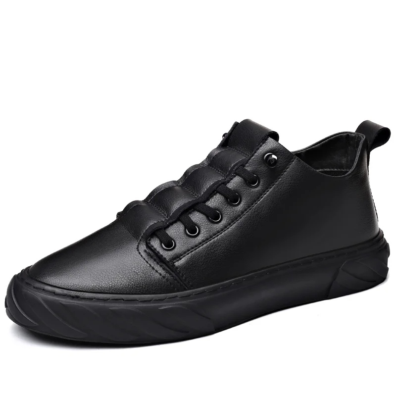 ZSAUAN; Летние кожаные кроссовки с круглым носком в студенческом стиле; Мужская обувь; повседневная обувь для молодых людей; черная обувь, увеличивающая рост, на 4 см - Цвет: Flat Black