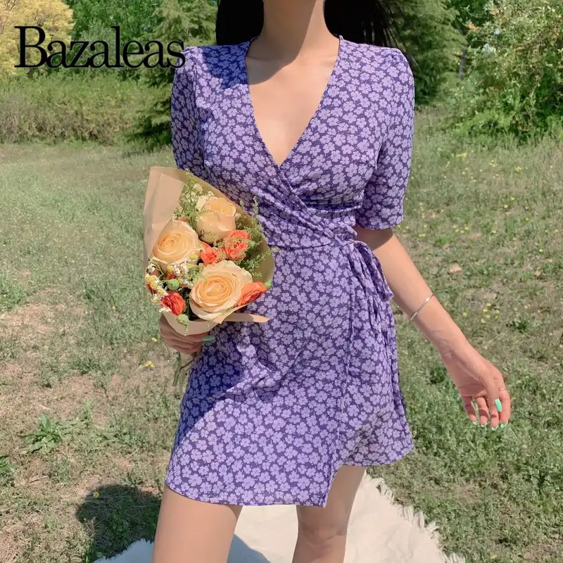 purple floral wrap dress