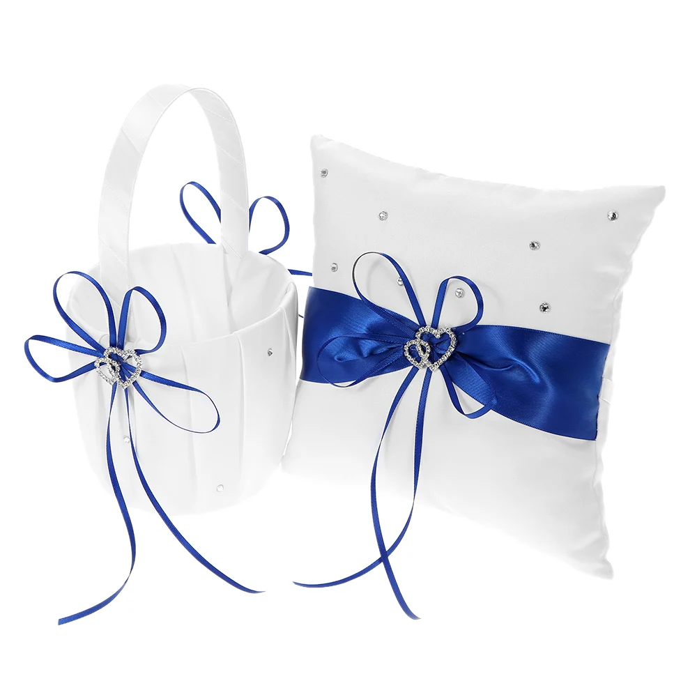

5pcs/set Wedding Decoration Accessories Double Heart Satin Flower Girl Basket 7x7'' Ring Bearer Pillow Guest Book Pen Holder