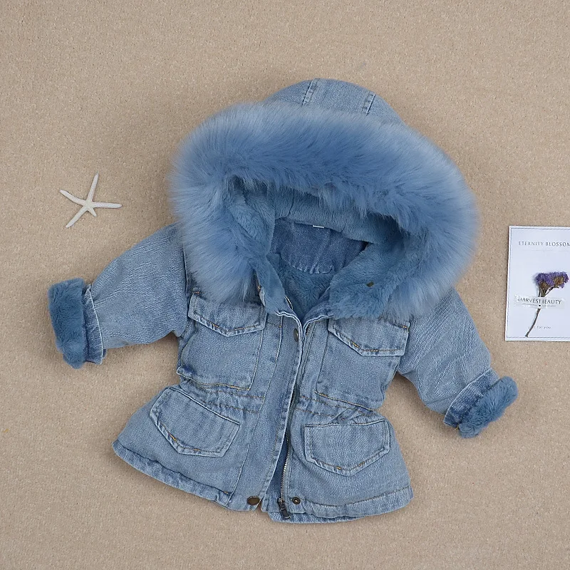 

2019 Winter Toddler Girl Denim Jacket Plus Velvet Hooded Warm Girls Outerwear Parka Coat 1-6 Years Kids Clothes Baby Thick Coats