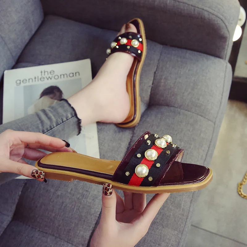 

Pearl Embroidered Women's Summer Fashion Outer Wear Sandals New Style Versatile Flat Sandals Single-strap Slipper Large Size 43