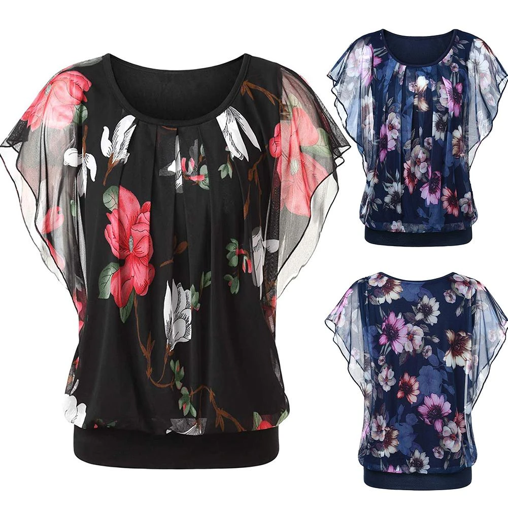 Plus Size Women Girls Ladies Summer blouse Short Batwing Sleeve O Neck Stylish Floral Print Loose Tunic shirts Casual Street Top womens shirts and blouses
